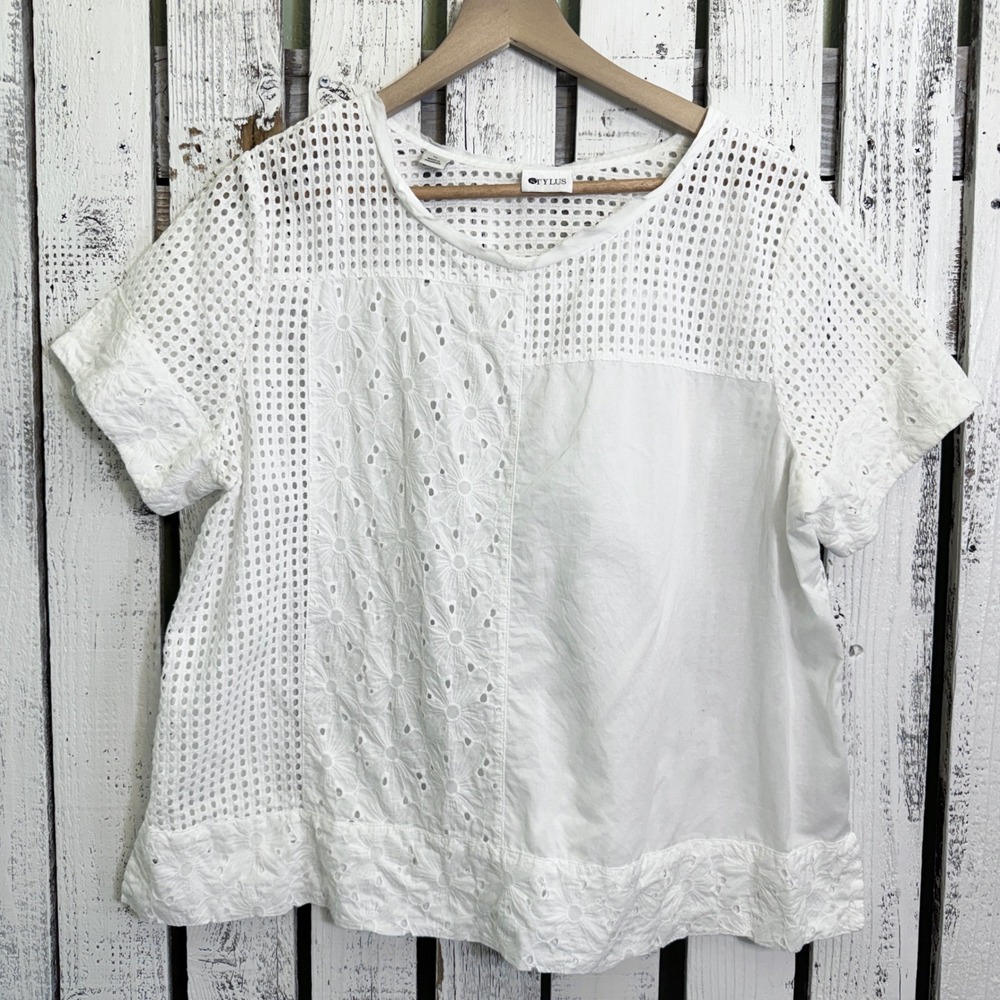 Stylus Floral Cotton Top XL Eyelet Lace Daisies Short Sleeve Blouse Boho Sheer